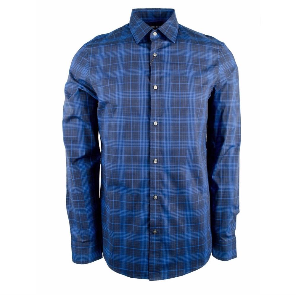 Michael Kors Trim Stretch Nautical Blue Plaid Long Sleeve Shirt Men’s Size XXL